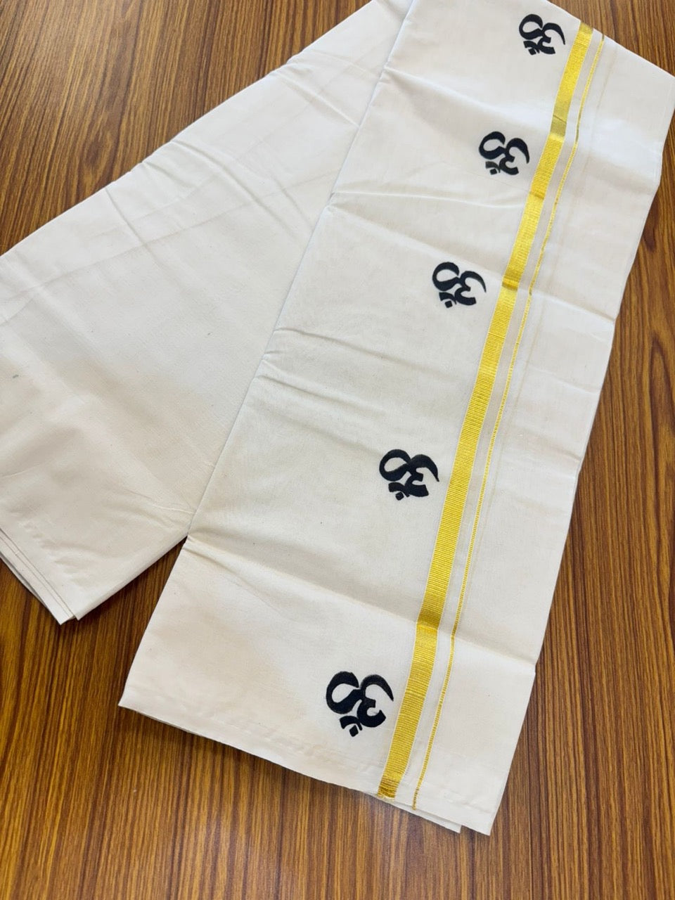 KaithariKada Balaramapuram 100% Cotton Double Off white - (Unbleached) Mundu/Dhoti-100x80 - 0.5 inch Hand Painted Gold Kasav & Black Ohm Design Kara 3.75 mtr (8 muzham) - 14 KK5244 ASH