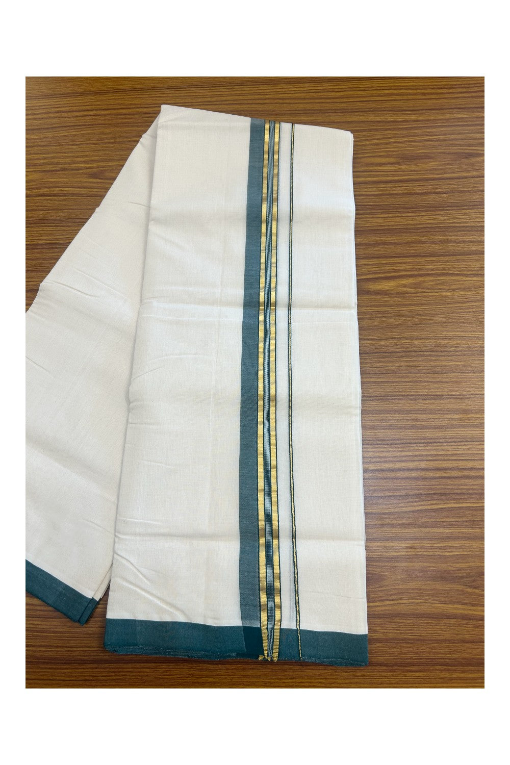 31% DISCOUNT!! KaithariKada HANDLOOM Millpaav Balaramapuram - 100% PURE Cotton OFF White Double - (Unbleached) Mundu/Dothi - 1.75 Inch Gold Kasav Green kara - 12kk5153RAM
