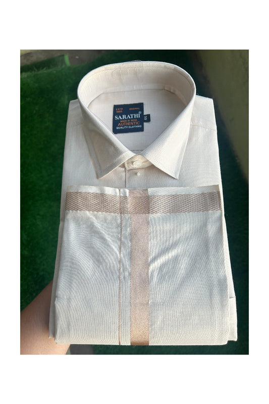NEW! Kaitharikada Special - Art Silk Men's Shirt & Dhoti Set - Silver Shaded Full Sleeve shirt and Silver Shaded Dhothi with Silver Kasavu Kara - 12KK6003SAR.