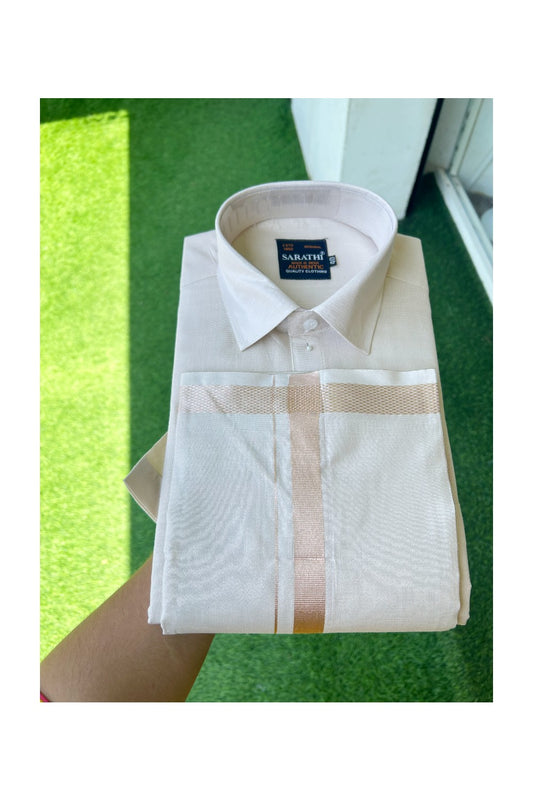 NEW! Kaitharikada Special -  Art Silk Men's Shirt & Dhoti Set - Copper Silver Kasavu Shaded Half Sleeve shirt and Copper Silver kasavu Shaded Dhothi with Copper Silver Kasavu Kara - 12KK6004SAR.