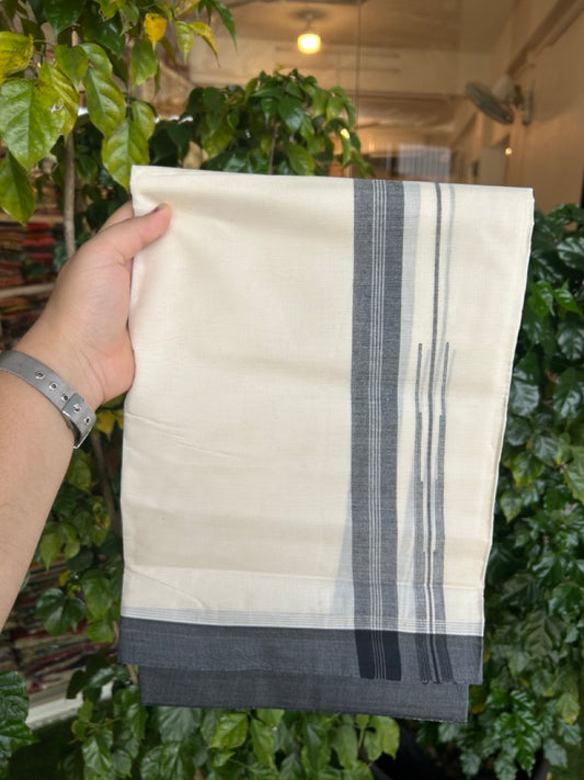 26% Discount! KaithariKada 100% Cotton 80s thread Off white Double Mundu/Dhoti - 1.25 inch Black White Striped Chutty PuliyilaKara - 4mtr (8.5muzham) - 120 KK5255 VAS