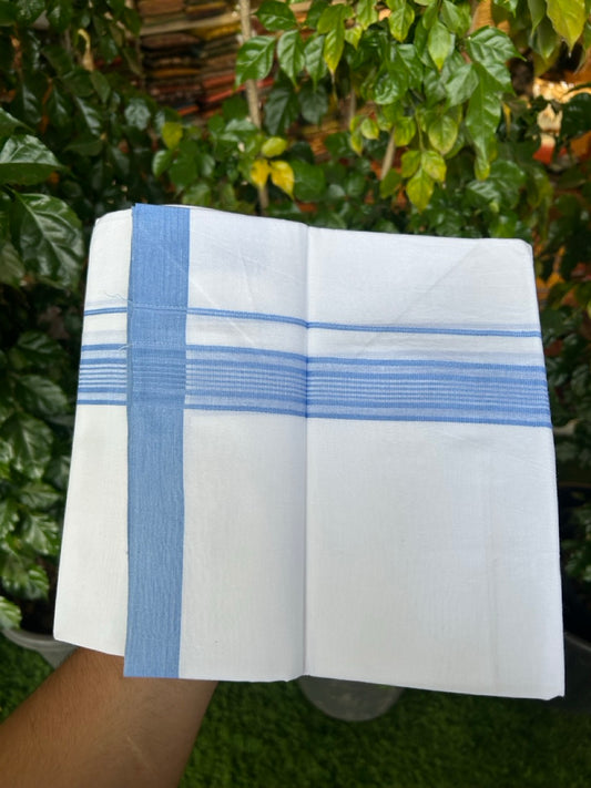 Single Pure white - Kaitharikada 100% Cotton 40s Thread Mundu / Dothi - 1 inch Sky Blue Stripes Kara (2 meters / 4 mulam) - 120 KK5258 THI
