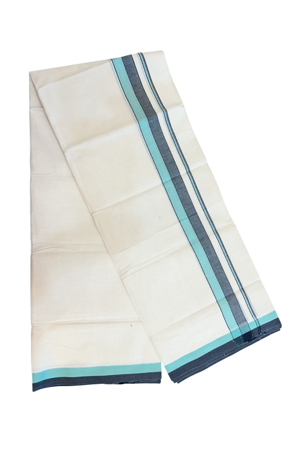 20% DISCOUNT! KaithariKada Balaramapuram 100% Cotton OFF WHITE Double (Unbleached) Mundu/Dhoti-100x80 - 1.5 inch Turquoise Green & Black shaded designer kara 4 mtr (8.5 muzham) - 120KK5220 THI