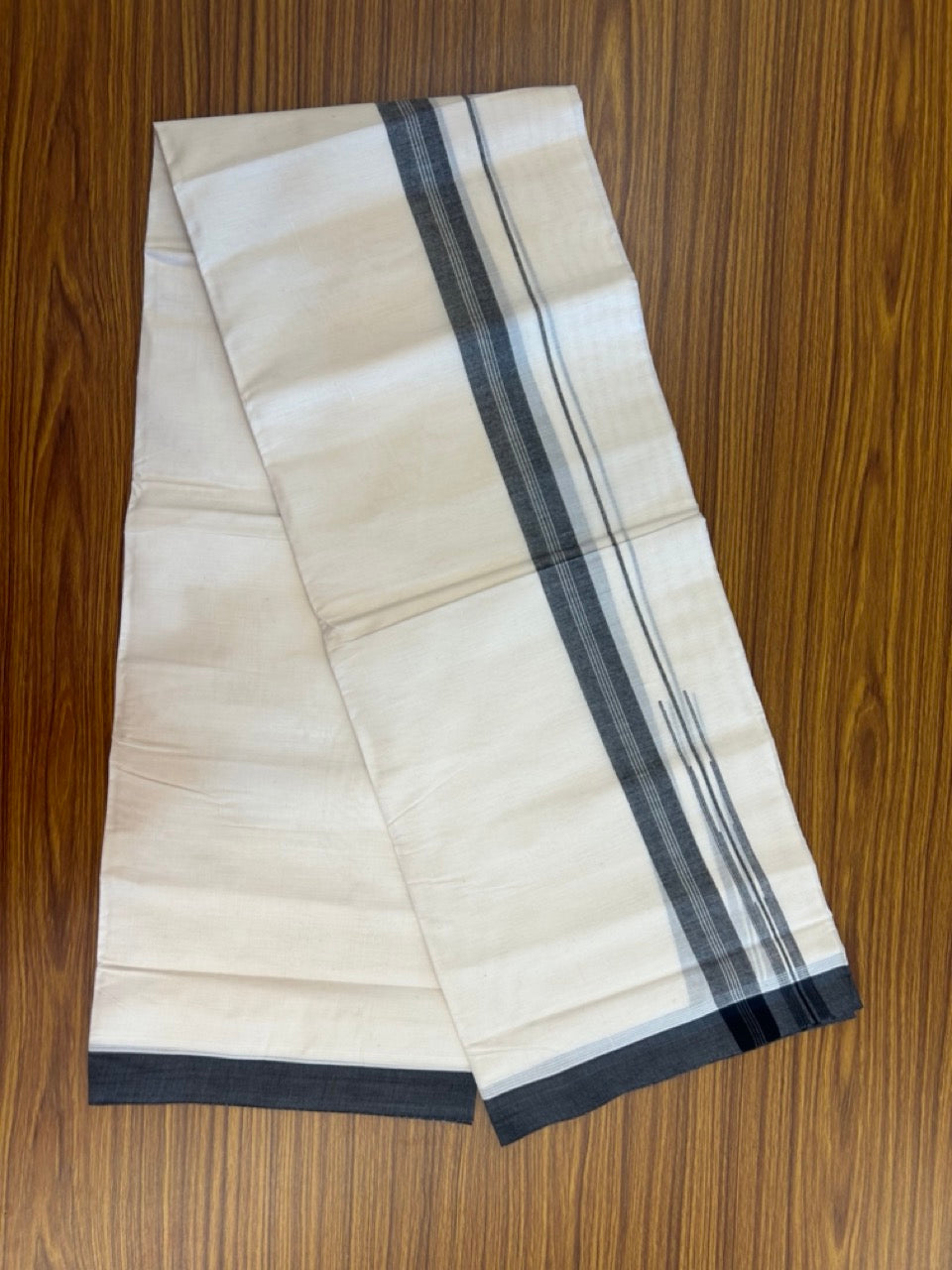 26% Discount! KaithariKada 100% Cotton 80s thread Off white Double Mundu/Dhoti - 1.25 inch Black White Striped Chutty PuliyilaKara - 4mtr (8.5muzham) - 120 KK5255 VAS
