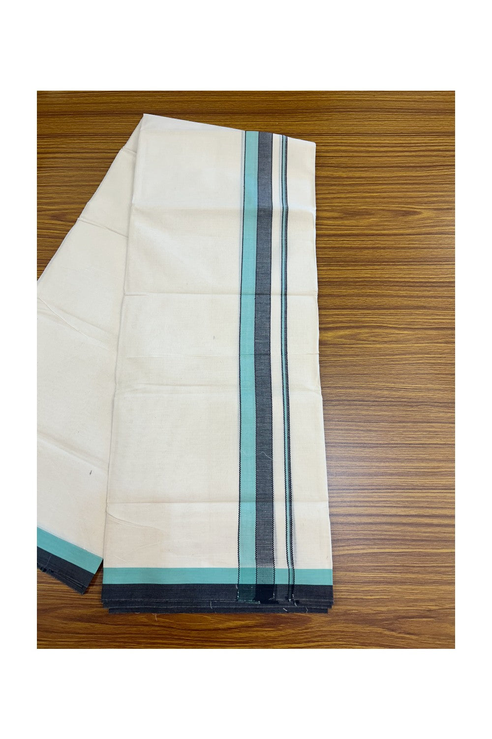 20% DISCOUNT! KaithariKada Balaramapuram 100% Cotton OFF WHITE Double (Unbleached) Mundu/Dhoti-100x80 - 1.5 inch Turquoise Green & Black shaded designer kara 4 mtr (8.5 muzham) - 120KK5220 THI