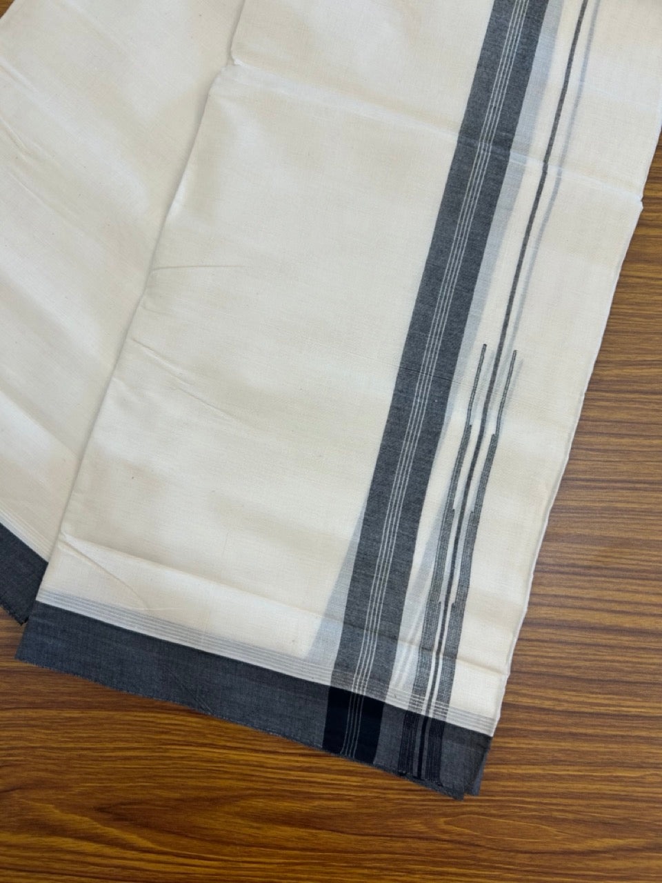 26% Discount! KaithariKada 100% Cotton 80s thread Off white Double Mundu/Dhoti - 1.25 inch Black White Striped Chutty PuliyilaKara - 4mtr (8.5muzham) - 120 KK5255 VAS