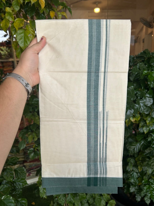 26% Discount! KaithariKada 100% Cotton 80s thread Off white Double Mundu/Dhoti - 1.25 inch Dark Green White Striped Chutty PuliyilaKara - 4mtr (8.5muzham) - 121 KK5255 VAS