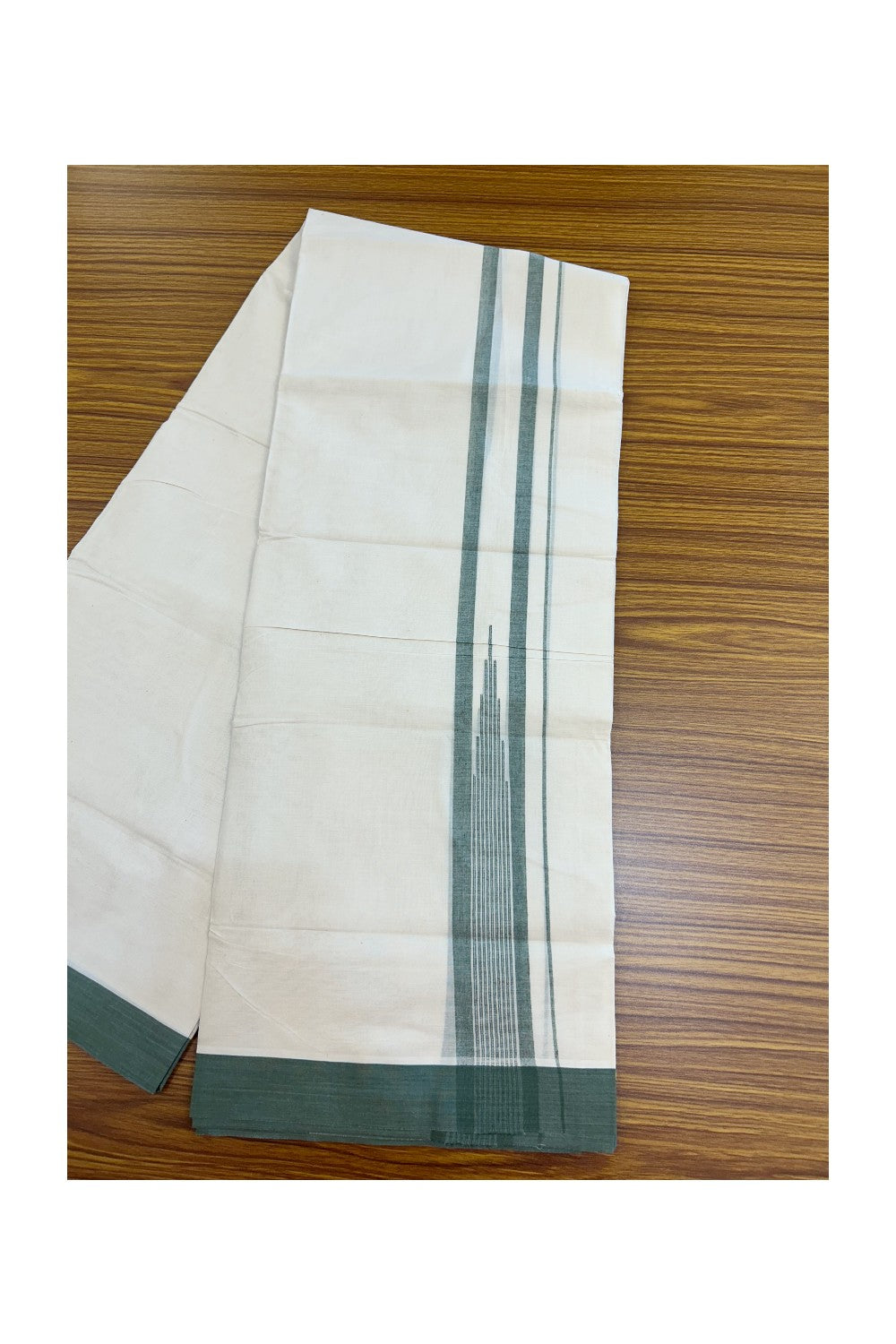 20% DISCOUNT! KaithariKada Balaramapuram 100% Cotton OFF WHITE Double (Unbleached) Mundu/Dhoti-100x80 - 2 inch Puliyilakkara Dark Green shaded Temple Chutty kara 4 mtr (8.5 muzham) - 121KK5220 THI