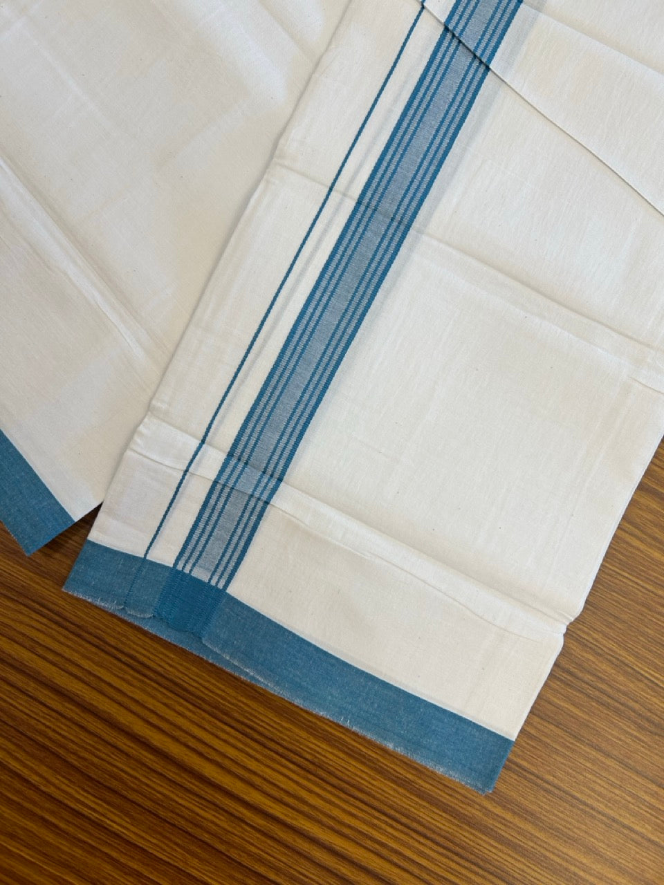 Single Pure white - Kaitharikada 100% Cotton 40s Thread Mundu / Dothi - 1 inch Turquoise Blue Stripes Kara (2 meters / 4 mulam) - 121 KK5258 THI