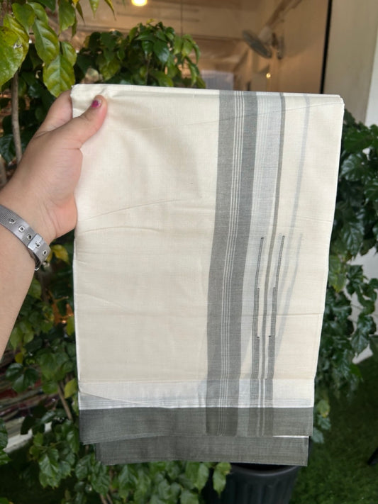 26% Discount! KaithariKada 100% Cotton 80s thread Off white Double Mundu/Dhoti - 1.25 inch Sage Green White Striped Chutty PuliyilaKara - 4mtr (8.5muzham) - 122 KK5255 VAS