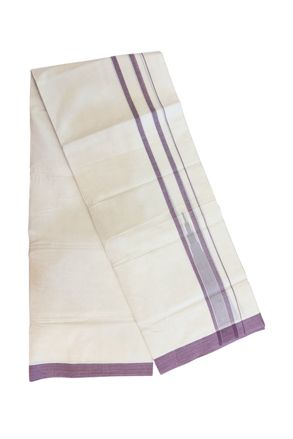 20% DISCOUNT! KaithariKada Balaramapuram 100% Cotton OFF WHITE Double (Unbleached) Mundu/Dhoti-100x80 - 1.75 inch Puliyilakkara Dusty Purple shaded Temple Chutty kara 4 mtr (8.5 muzham) - 122KK5220 THI
