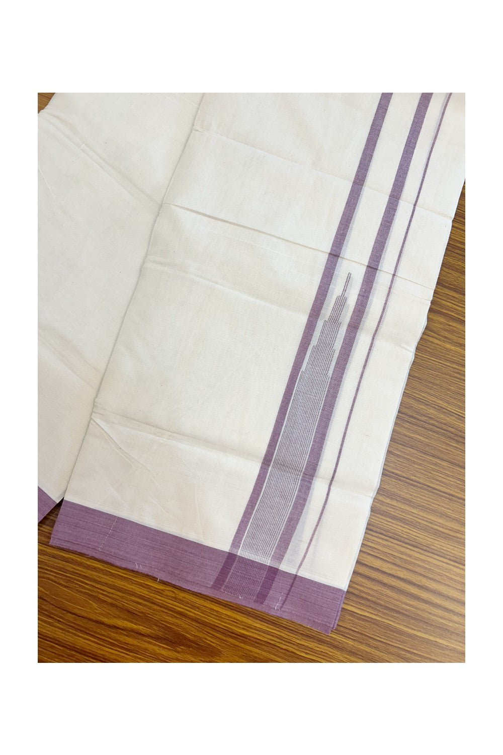 20% DISCOUNT! KaithariKada Balaramapuram 100% Cotton OFF WHITE Double (Unbleached) Mundu/Dhoti-100x80 - 1.75 inch Puliyilakkara Dusty Purple shaded Temple Chutty kara 4 mtr (8.5 muzham) - 122KK5220 THI