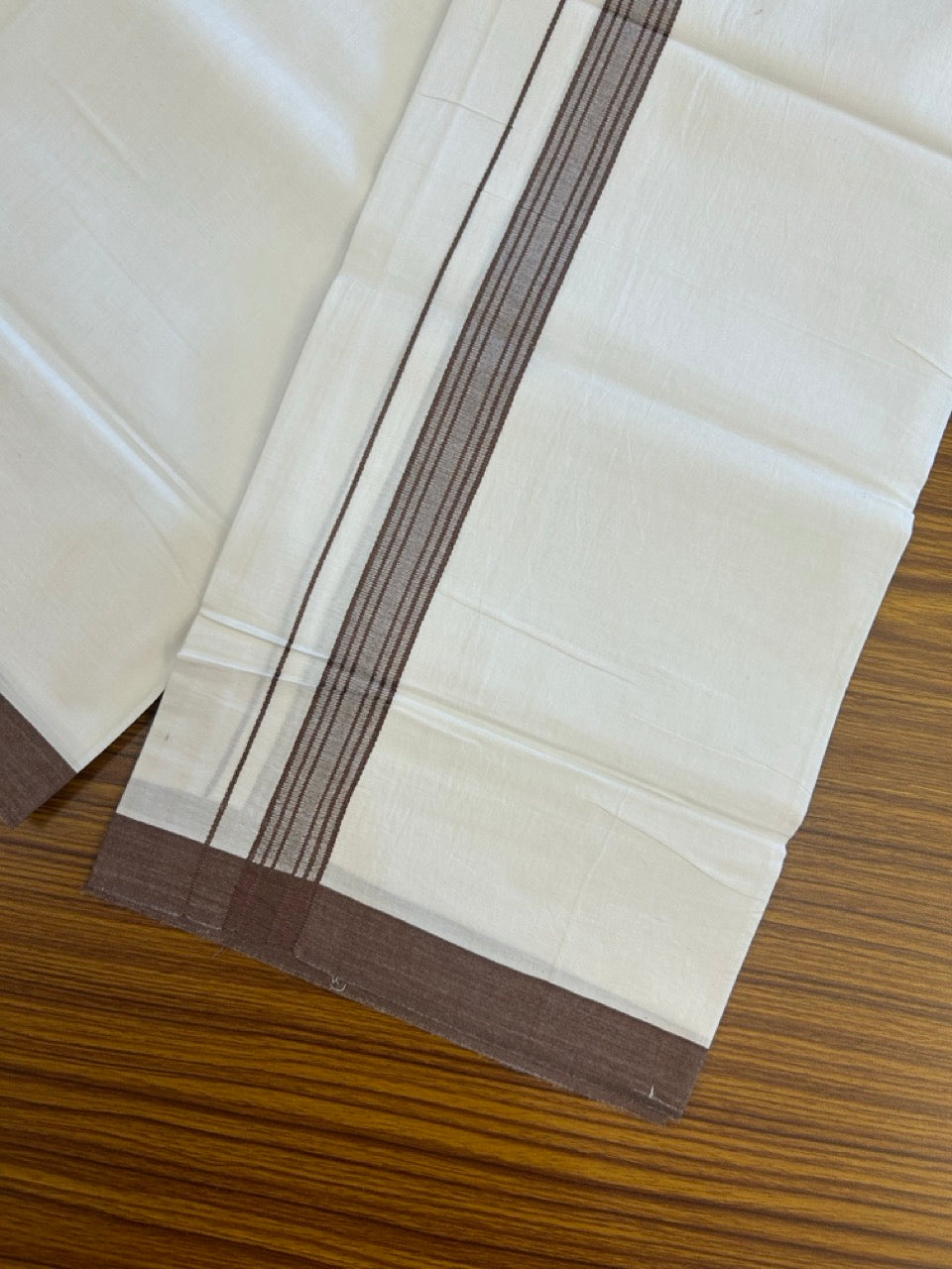 Single Pure white - Kaitharikada 100% Cotton 40s Thread Mundu / Dothi - 1 inch Brown Stripes Kara (2 meters / 4 mulam) - 122 KK5258 THI