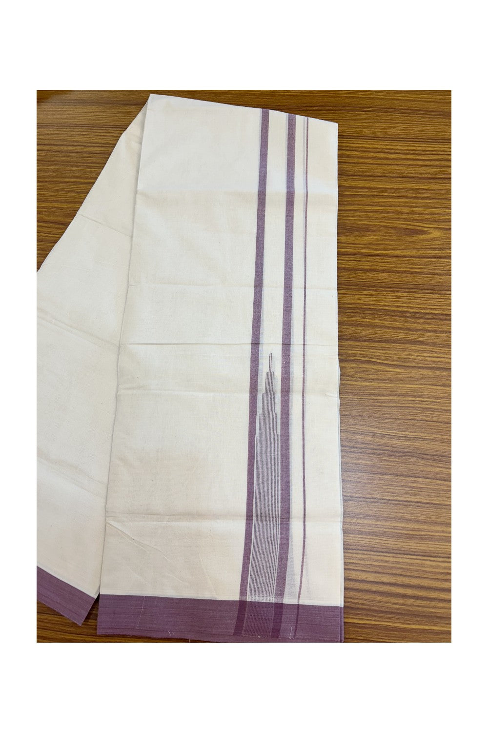 20% DISCOUNT! KaithariKada Balaramapuram 100% Cotton OFF WHITE Double (Unbleached) Mundu/Dhoti-100x80 - 1.75 inch Puliyilakkara Dusty Purple shaded Temple Chutty kara 4 mtr (8.5 muzham) - 122KK5220 THI