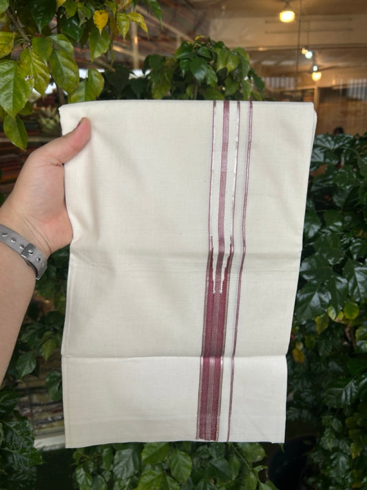 20% Discount! KaithariKada Balaramapuram 100% Cotton Off white Double Mundu/Dhoti - (100x80)S - 1 inch Maroon White Striped One Side Chutty Silver Kasav Kara - 4mtr (8.5muzham) - 123 KK5255 VAS