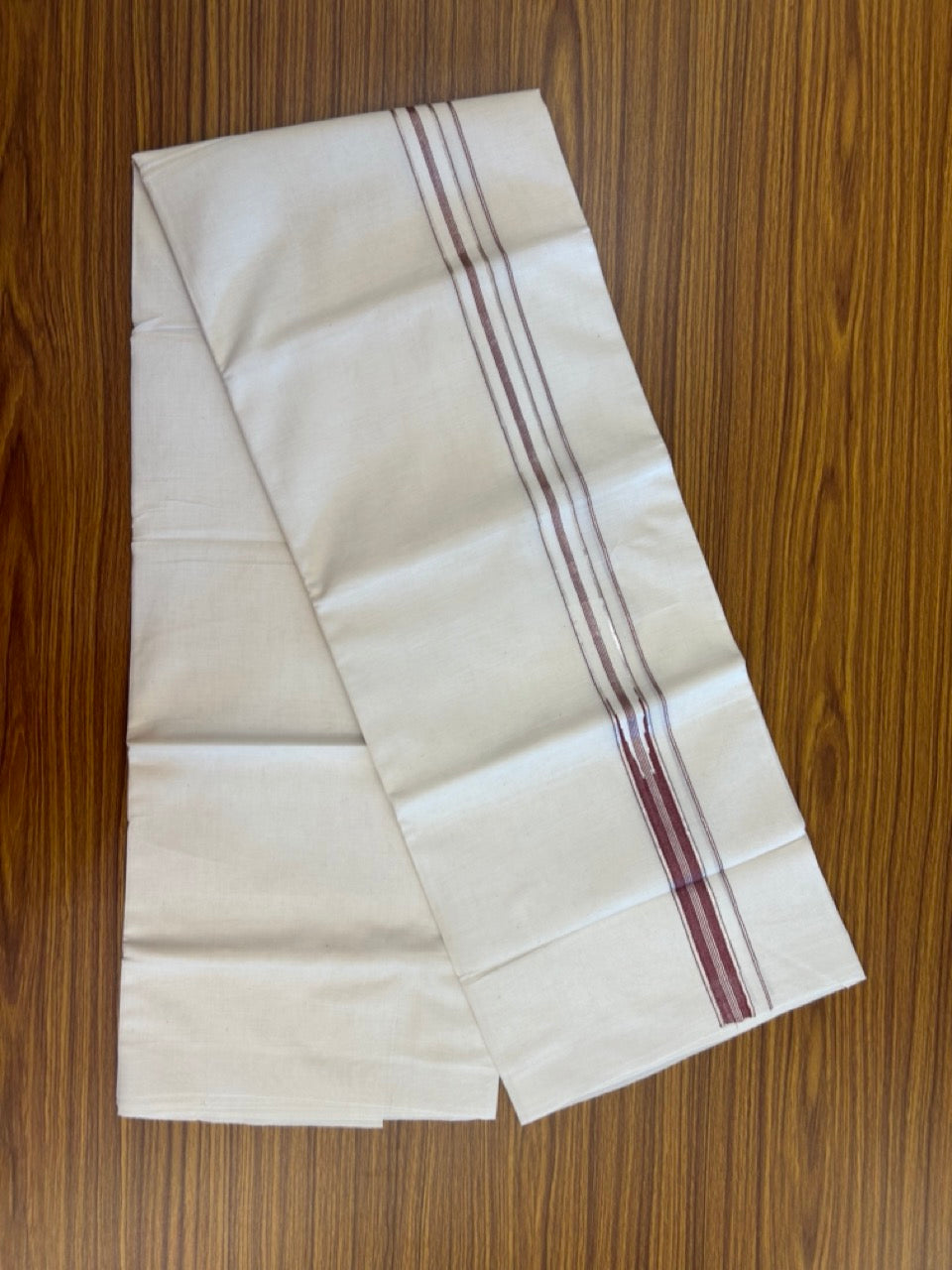 20% Discount! KaithariKada Balaramapuram 100% Cotton Off white Double Mundu/Dhoti - (100x80)S - 1 inch Maroon White Striped One Side Chutty Silver Kasav Kara - 4mtr (8.5muzham) - 123 KK5255 VAS