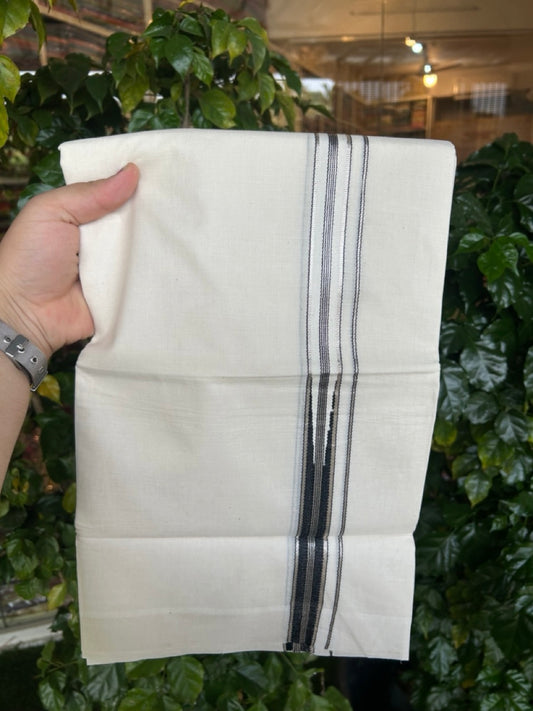20% Discount! KaithariKada Balaramapuram 100% Cotton Off white Double Mundu/Dhoti - (100x80)S - 1 inch Black White Striped One Side Chutty Silver Kasav Kara - 4mtr (8.5muzham) - 124 KK5255 VAS
