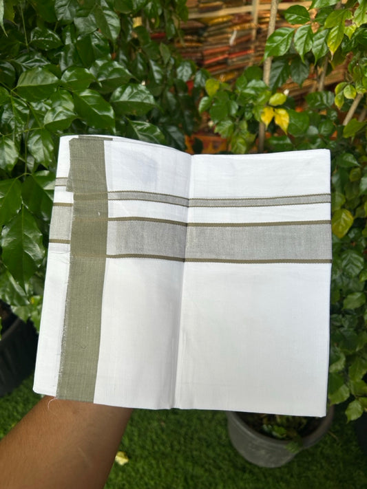 Single Pure white - Kaitharikada 100% Cotton 40s Thread Mundu / Dothi - 1.25 inch Sage Green Stripes Kara (2 meters / 4 mulam) - 124 KK5258 THI