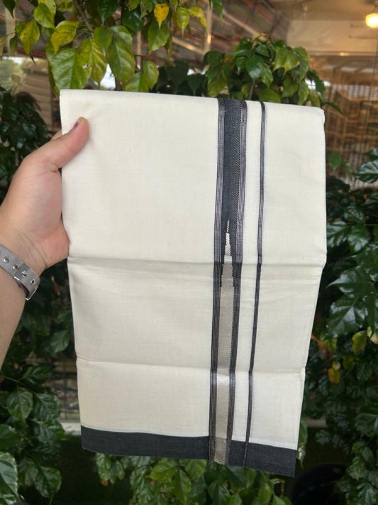 20% Discount! KaithariKada Balaramapuram 100% Cotton Off white Double Mundu/Dhoti - (100x80)S - 1 inch Black White Striped One Side Chutty Silver Kara Kasav - 4mtr (8.5muzham) - 125 KK5255 VAS