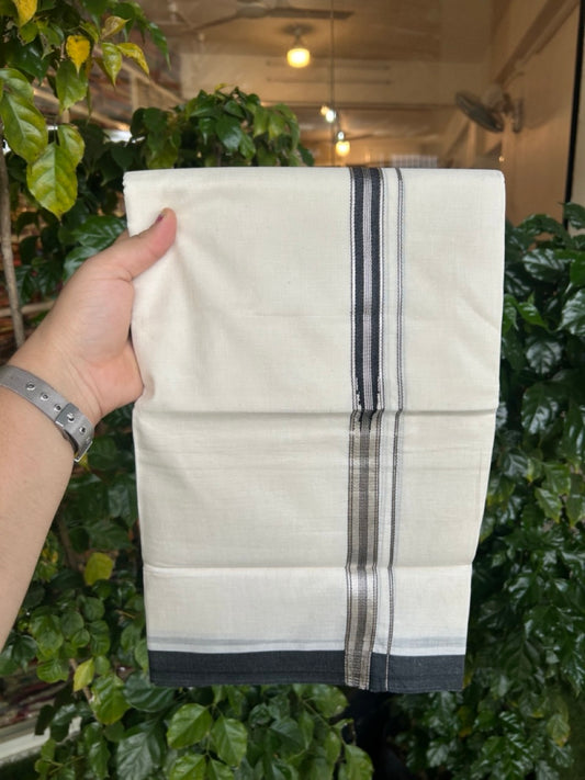 20% Discount! KaithariKada Balaramapuram 100% Cotton Off white Double Mundu/Dhoti - (100x80)S - 1 inch Black White Striped One Side Chutty Silver Kasav Kara - 4mtr (8.5muzham) - 126 KK5255 VAS