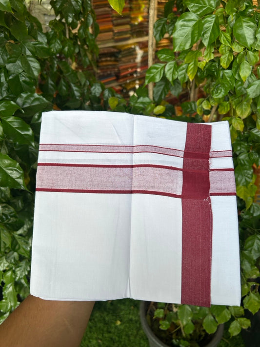 Single Pure white - Kaitharikada 100% Cotton 40s Thread Mundu / Dothi - 1.25 inch Maroon Stripes Kara (2 meters / 4 mulam) - 126 KK5258 THI