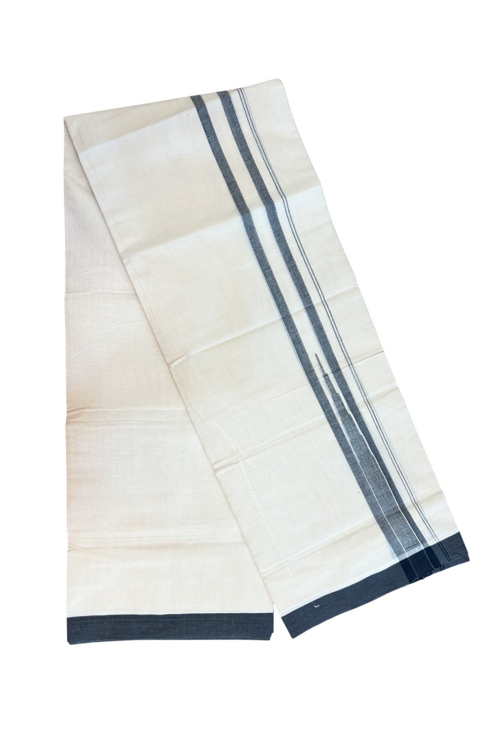 20% DISCOUNT! KaithariKada Balaramapuram 100% Cotton OFF WHITE Double (Unbleached) Mundu/Dhoti-100x80 - 1.5 inch Puliyilakkara Black shaded Temple Chutty kara 4 mtr (8.5 muzham) - 126KK5220 THI