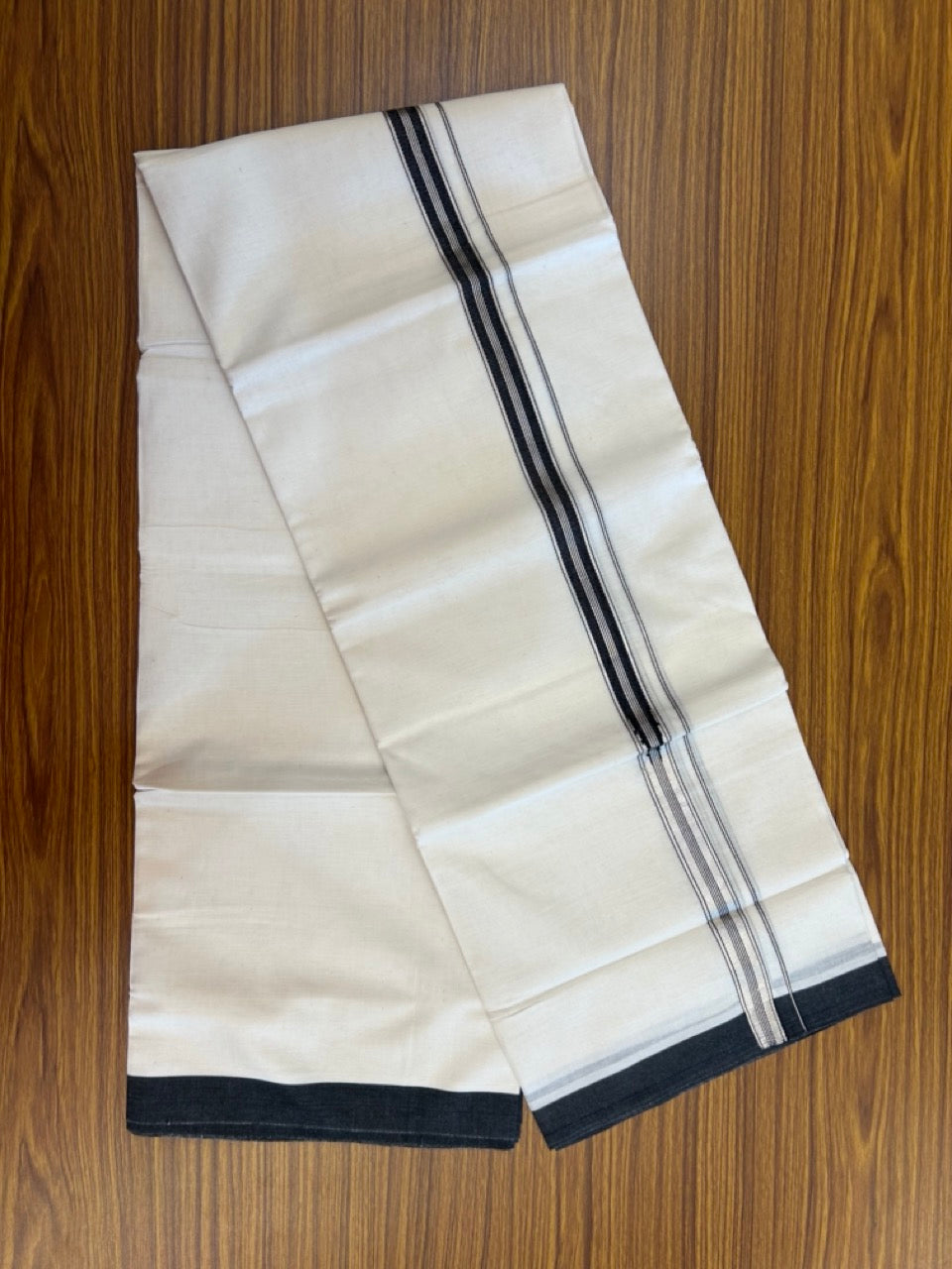 20% Discount! KaithariKada Balaramapuram 100% Cotton Off white Double Mundu/Dhoti - (100x80)S - 1 inch Black White Striped One Side Chutty Silver Kasav Kara - 4mtr (8.5muzham) - 126 KK5255 VAS