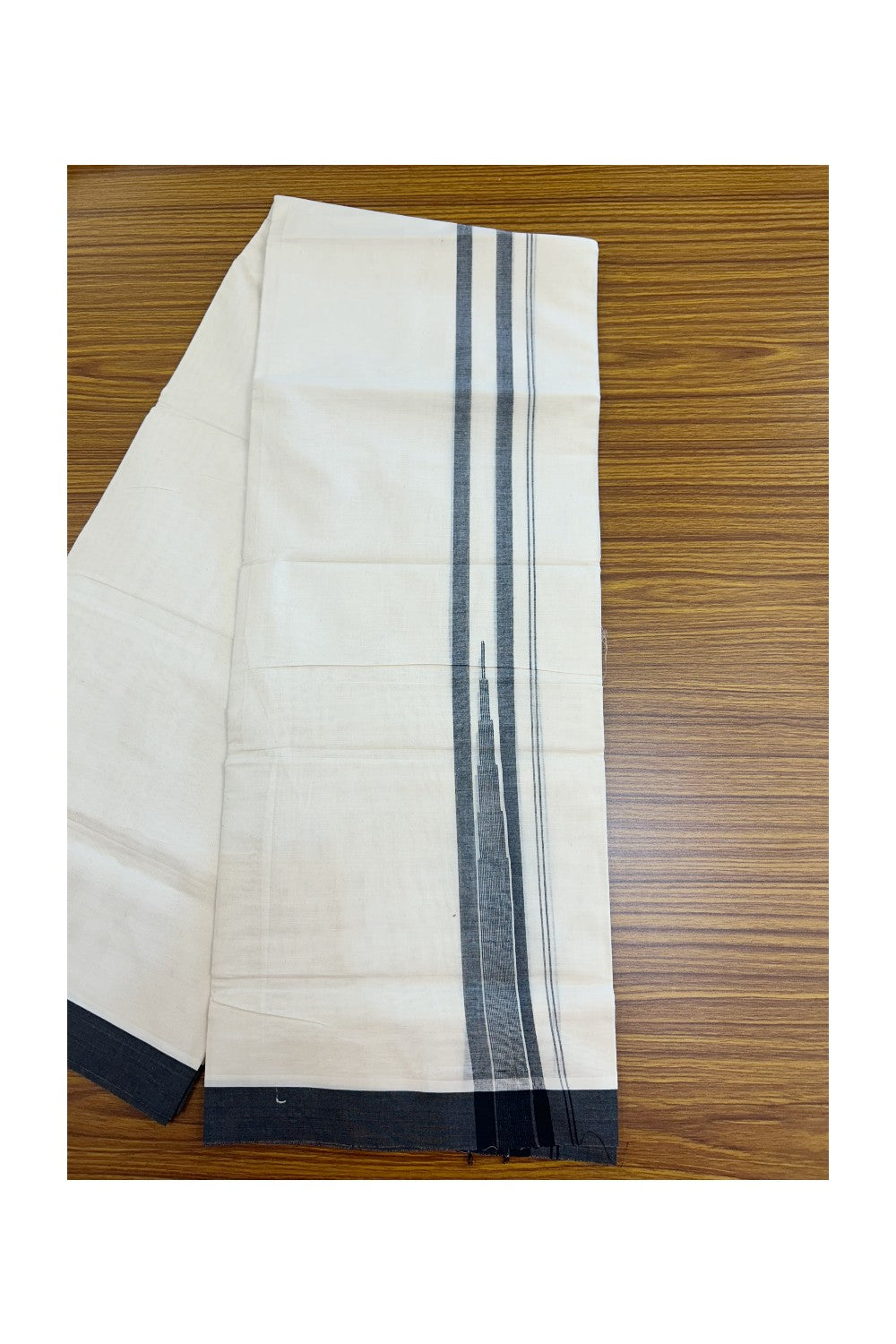 20% DISCOUNT! KaithariKada Balaramapuram 100% Cotton OFF WHITE Double (Unbleached) Mundu/Dhoti-100x80 - 1.5 inch Puliyilakkara Black shaded Temple Chutty kara 4 mtr (8.5 muzham) - 126KK5220 THI