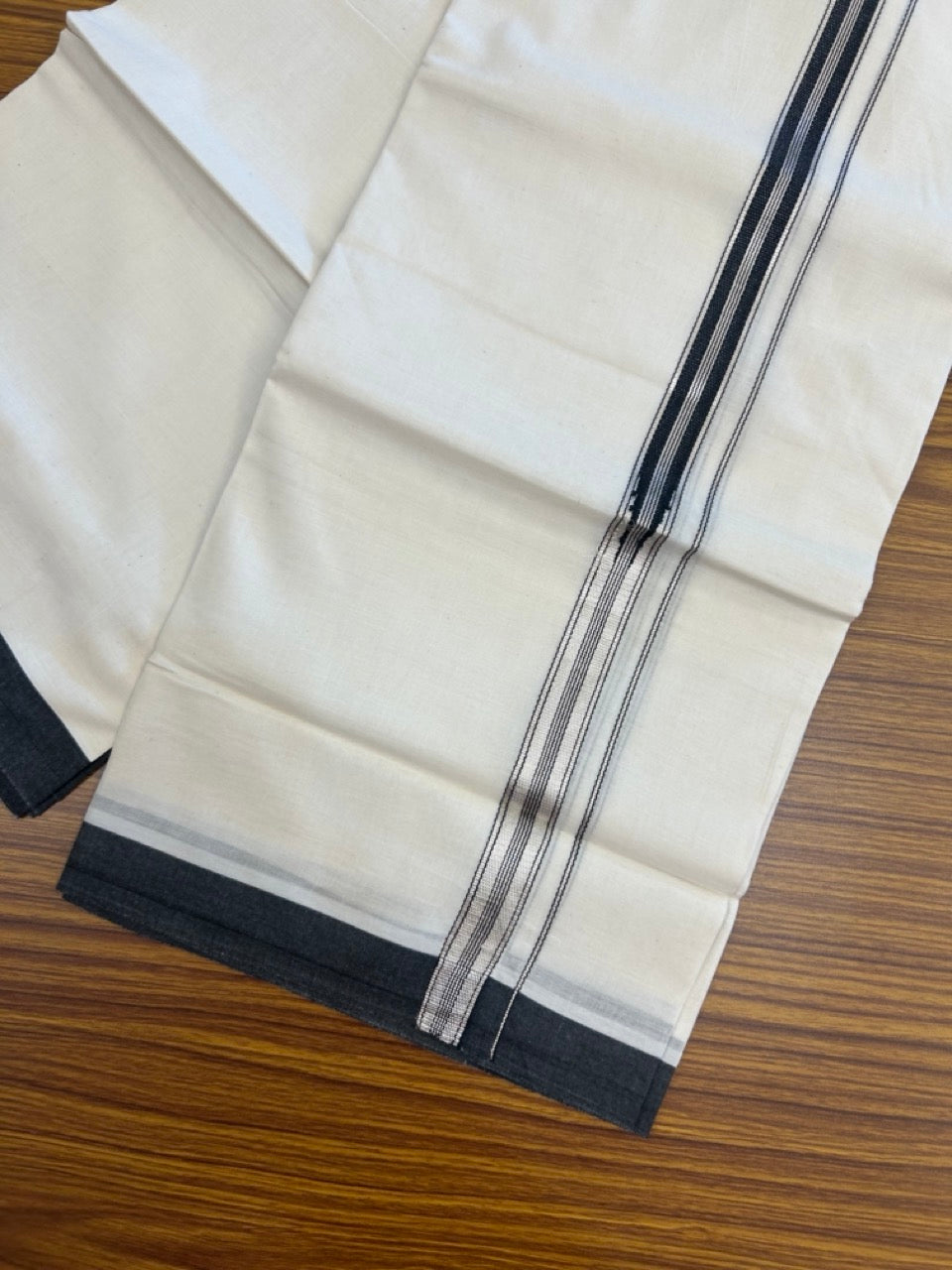 20% Discount! KaithariKada Balaramapuram 100% Cotton Off white Double Mundu/Dhoti - (100x80)S - 1 inch Black White Striped One Side Chutty Silver Kasav Kara - 4mtr (8.5muzham) - 126 KK5255 VAS