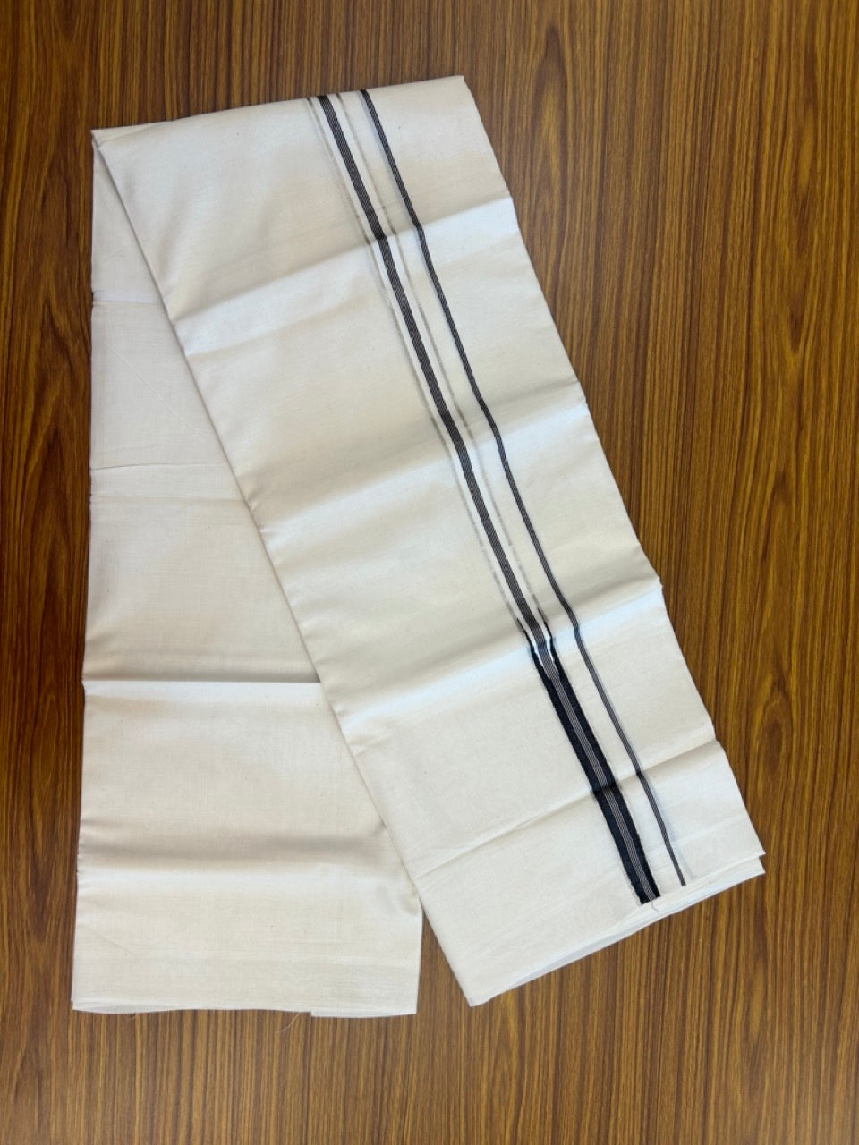 20% Discount! KaithariKada Balaramapuram 100% Cotton Off white Double Mundu/Dhoti - (100x80)S - 1 inch Black White Striped One Side Chutty Silver Kasav Kara - 4mtr (8.5muzham) - 127 KK5255 VAS