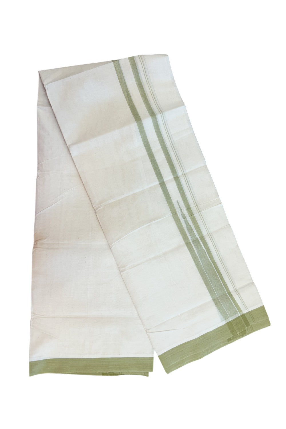 20% DISCOUNT! KaithariKada Balaramapuram 100% Cotton OFF WHITE Double (Unbleached) Mundu/Dhoti-100x80 - 1.75 inch Puliyilakkara Sage Green shaded Temple Chutty kara 4 mtr (8.5 muzham) - 127KK5220 THI