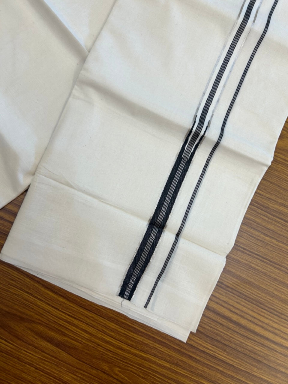 20% Discount! KaithariKada Balaramapuram 100% Cotton Off white Double Mundu/Dhoti - (100x80)S - 1 inch Black White Striped One Side Chutty Silver Kasav Kara - 4mtr (8.5muzham) - 127 KK5255 VAS