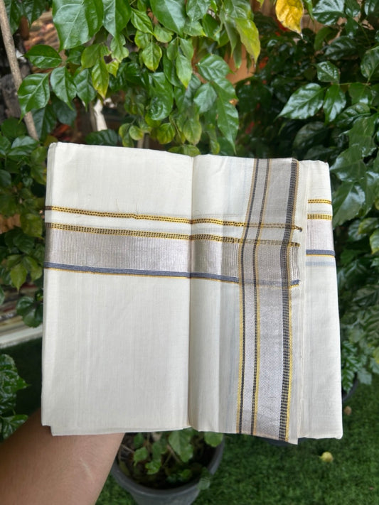 21% Discount! KaithariKada Balaramapuram 100% Cotton Off white Double Mundu/Dhoti - (100x100)S - 1.5 inch Black Silver Gold Kasav Kara - 4mtr (8.5muzham) - 128 KK5255 VAS