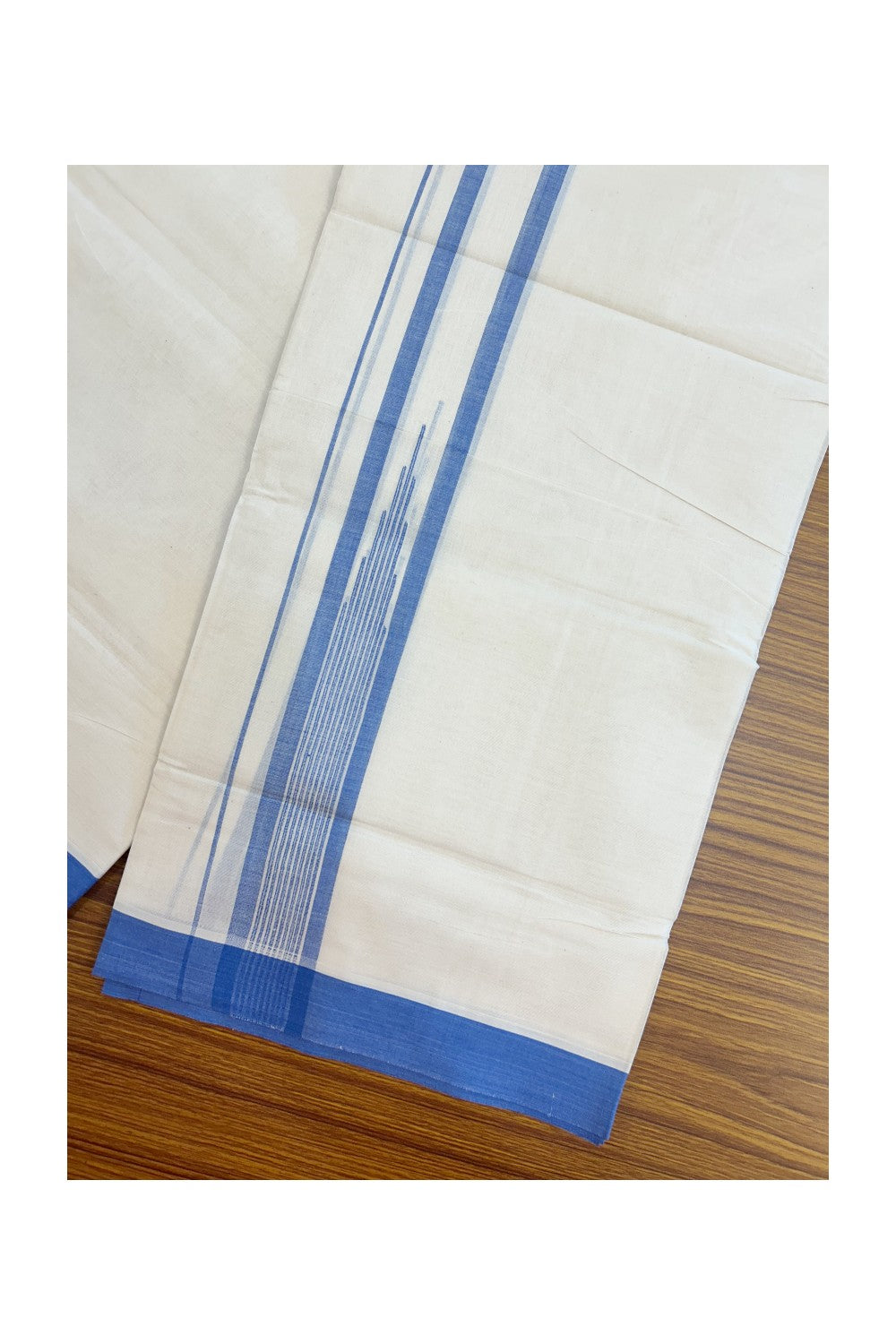 20% DISCOUNT! KaithariKada Balaramapuram 100% Cotton OFF WHITE Double (Unbleached) Mundu/Dhoti-100x80 - 1.75 inch Puliyilakkara Blue shaded Temple Chutty kara 4 mtr (8.5 muzham) - 128KK5220 THI