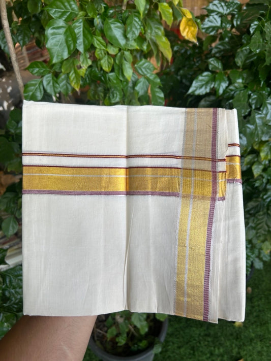 21% Discount! KaithariKada Balaramapuram 100% Cotton Off white Double Mundu/Dhoti - (100x100)S - 1.25 inch Maroon Silver Gold Kasav Kara - 4mtr (8.5muzham) - 129 KK5255 VAS