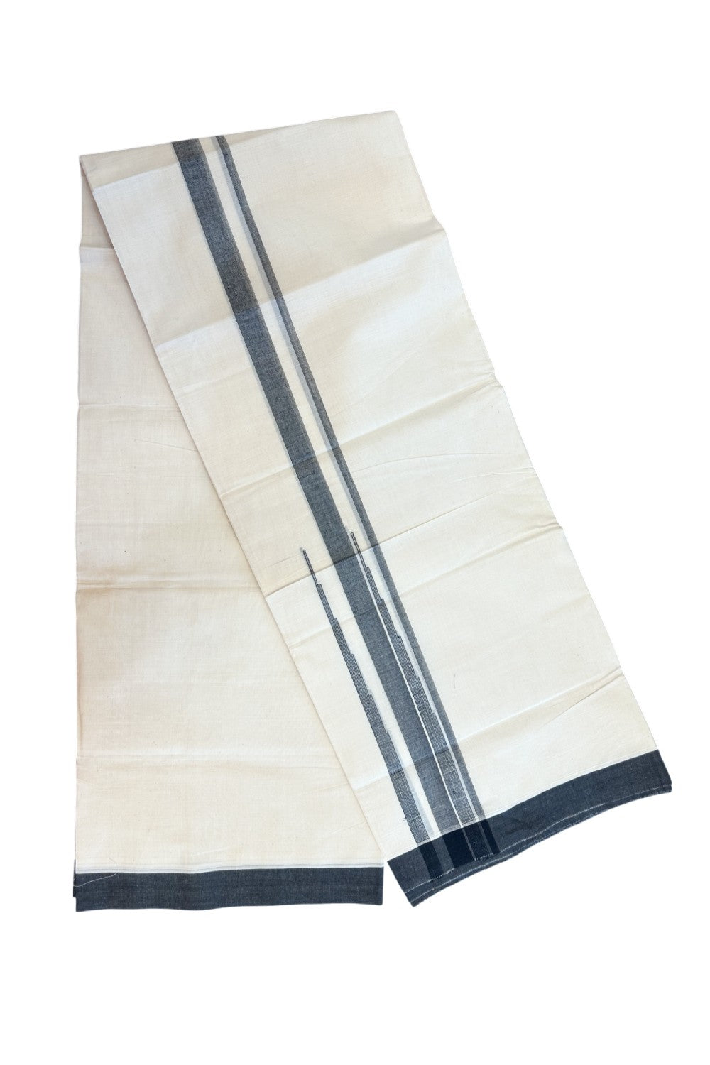 20% DISCOUNT! KaithariKada Balaramapuram 100% Cotton OFF WHITE Double (Unbleached) Mundu/Dhoti-100x80 - 1.75 inch Puliyilakkara Black shaded Big Chutty kara 4 mtr (8.5 muzham) - 129KK5220 THI