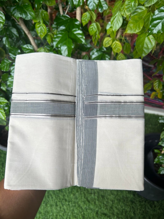 25% Discount!!! KaithariKada HANDLOOM UNAKKUPAAV Balaramapuram - 100% PURE Cotton OFF WHITE (Unbleached) Double Mundu/Dhoti - 80x90 - 1.25 inch Silver kasavu Black & White stripes kara  4 Mtr (8.5 Muzham) - 13KK5235 YAR