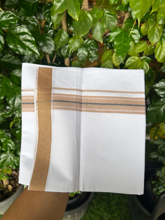 24% Discount !! KaithariKada Balaramapuram 100% Cotton Pure white Single Mundu/Dhoti - Twisted 60s Thread- 1.25 inch Silver Kasavu Brown & Black Striped Kara (2 meter / 4 muzham) - 13KK5241 GL