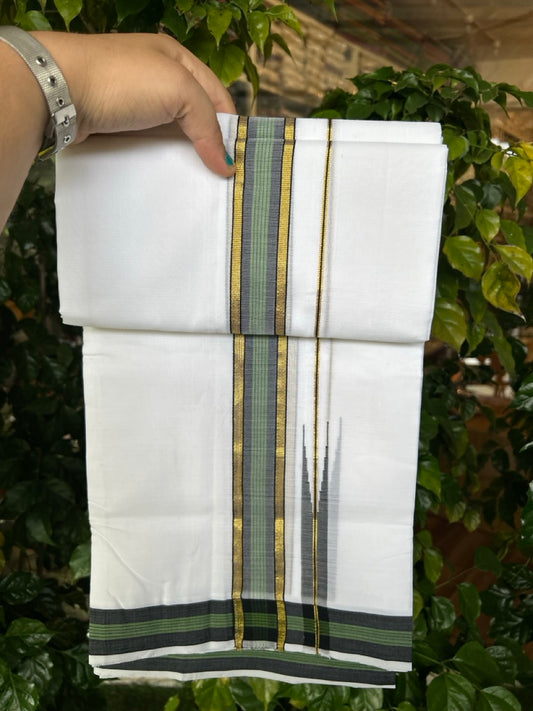 25% Discount!! NEW ULTRA PURE WHITE THREAD HANDLOOM Balaramapuram - 100% MERCERISED Cotton Double Mundu/Dhoti - 120 twisted warp x 80s weft - Green Black Stripes Gold Kasav Chutty Kara- 13KK5248 REA