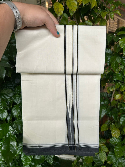 25% DISCOUNT!! KaithariKada HANDLOOM  UNAKKUPAAV Balaramapuram - 100% PURE Cotton OFF White - (Unbleached) Double Mundu/Dothi - 100 x 80 - Black White Chutty Kara PURE JERRY - 3.85meter - 13 KK5249 REA