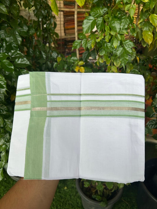 Short Dhoti Special - 28% Discount ! KaithariKada 100% Cotton Pure White Double Mundu / Dhoti - 100x80 - 45 inch Height 3.80 m Length  1.5 inch Light Green Silver Kasav kara - 13 KK5258 THI