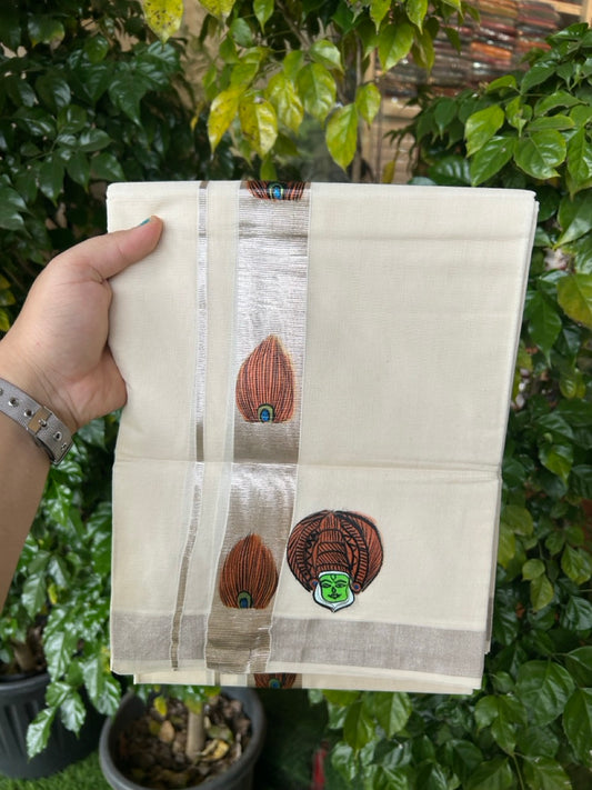 24% Discount! KaithariKada 100% Cotton Double Off white - (Ubleached) Mundu / Dhoti - 100x80 1.5 inch Silver Kasavu & Hand Painted Kathakali Peacock - 13 KK5259 CKS
