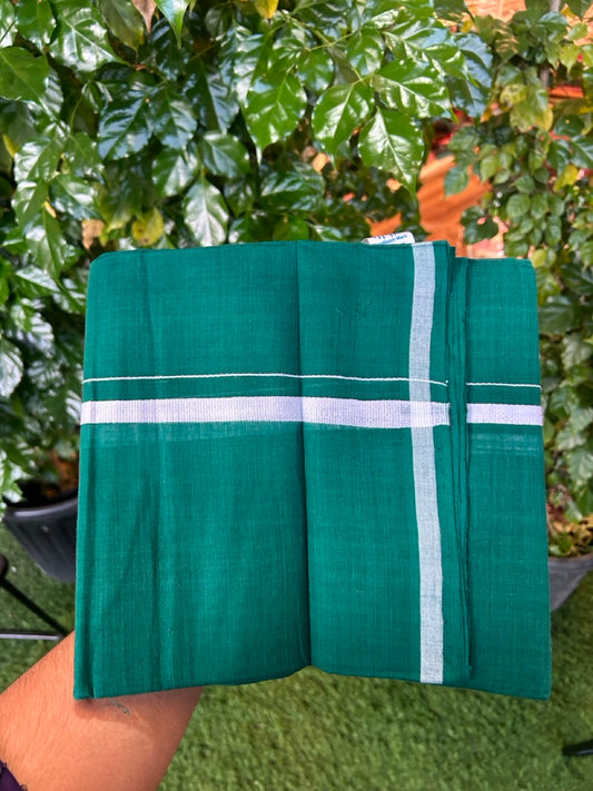 Handloom Single Hallmarked - 10% Discount !! KaithariKada 100% Pure Cotton - Mundu/Dhoti Dark Green Body White 0.5 inch Kara- (2 meter / 4 muzham)- 13 KK8030 ELA