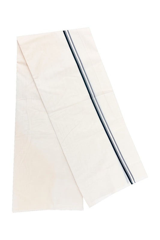 33% DISCOUNT ! KaithariKada Balaramapuram 100% Cotton Double Off white - (Unbleached) Mundu/Dhoti-100X100-  DEEP  GREEN & STRIPES 1.5 cm  Kara.- 13.
