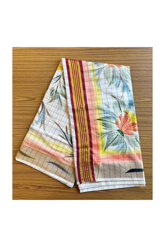 29% Discount!! Kaitharikada Kerala Cotton 2.75 inch Kasavu  Maroon Stripes & Hand Painted Peacock Design Saree - 13KK1003HAR