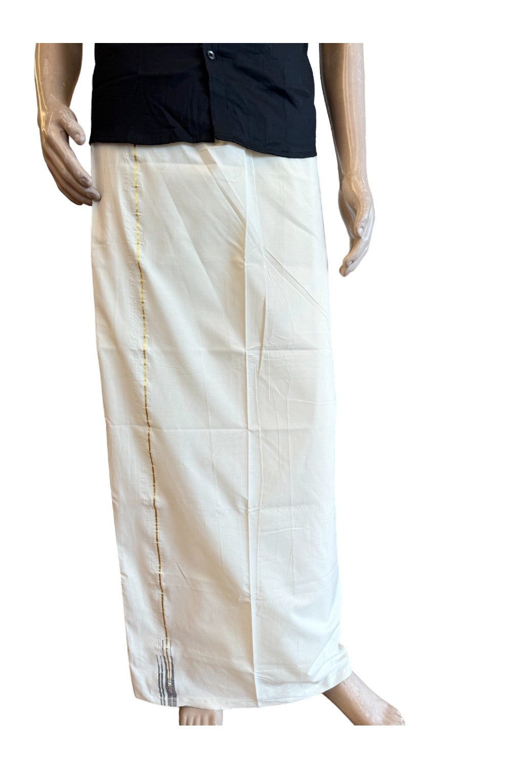 28% DISCOUNT ! KaithariKada Balaramapuram 100%  COTTON SINGLE OFF WHITE - (Unbleached) Mundu/Dhoti-100X100-  0.25 cm double Dark Blue Chutty (2 meter / 4 muzham) - 13KK400ASH