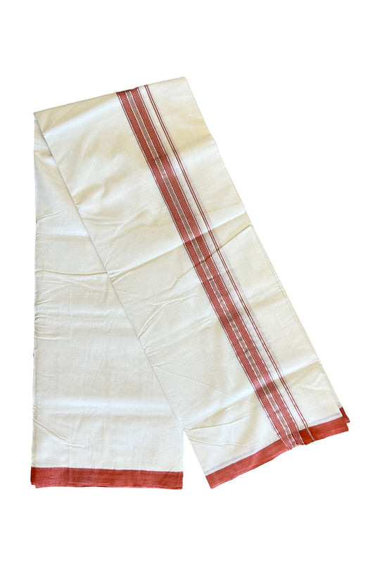 25% Discount!!! KaithariKada HANDLOOM UNAKKUPAAV Balaramapuram - 100% PURE Cotton off white (Unbleached) Double Mundu/Dhoti - 2 inch Brick red & silver kasavu pattern kara - 13KK458SOM