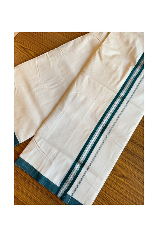 25% DISCOUNT!! KaithariKada HANDLOOM UNAKKUPAAV Balaramapuram - 100% PURE Cotton OFF White - (Unbleached) Double Mundu/Dothi - 2 inch Green Silver Kasavu Katti Kara 4.5 Meters (10 Muzham) - 13KK494SOM