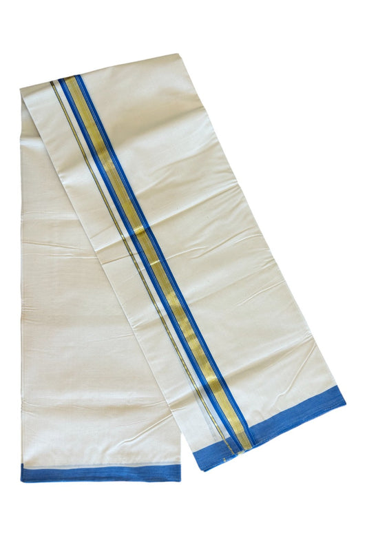 25% Discount KaithariKada Balaramapuram Handloom 100% Cotton Double Off white - (Unbleached) Mundu/Dhoti-100X100- 2 inch Gold Kasavu & Blue Kara.- 13KK498KK