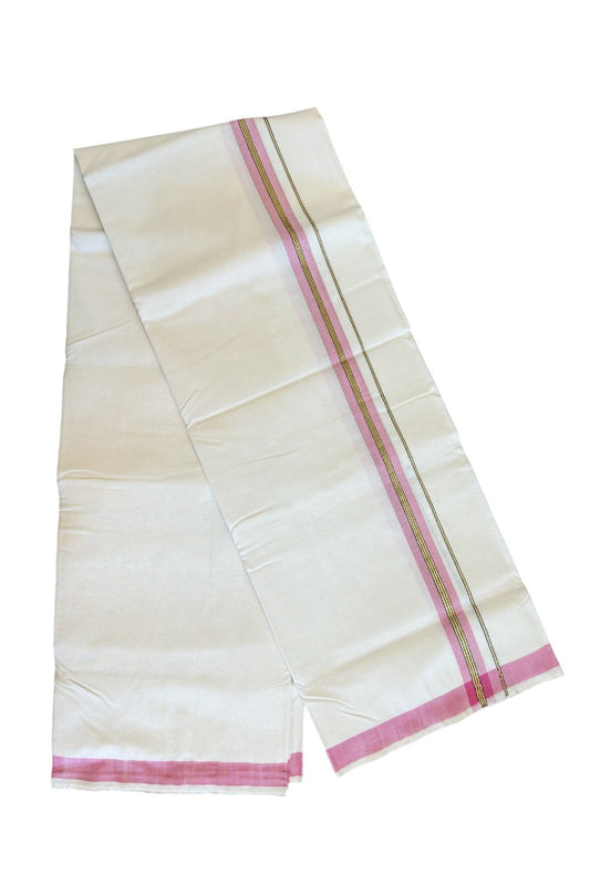 25% Discount KaithariKada 100% Cotton Balaramapuram HANDLOOM Single Mundu/Dhoti - Off White - (Unbleached) 1.5 inch Kasavu & Pink Striped Kara (2 meter / 4 muzham) - 13KK499KK